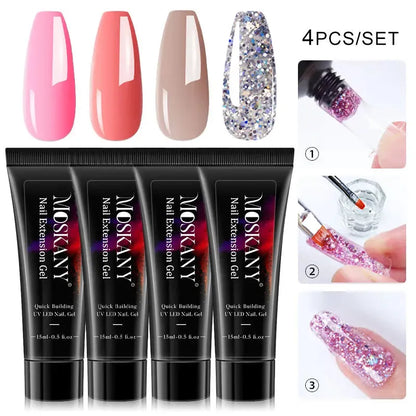 15ml Poly Nail Gel Full Set For Extention Nail Glitter Solid Color Gel Polish Kit Set Acrylic Nail Beginner Manicure Tool Kits - Shop & Buy