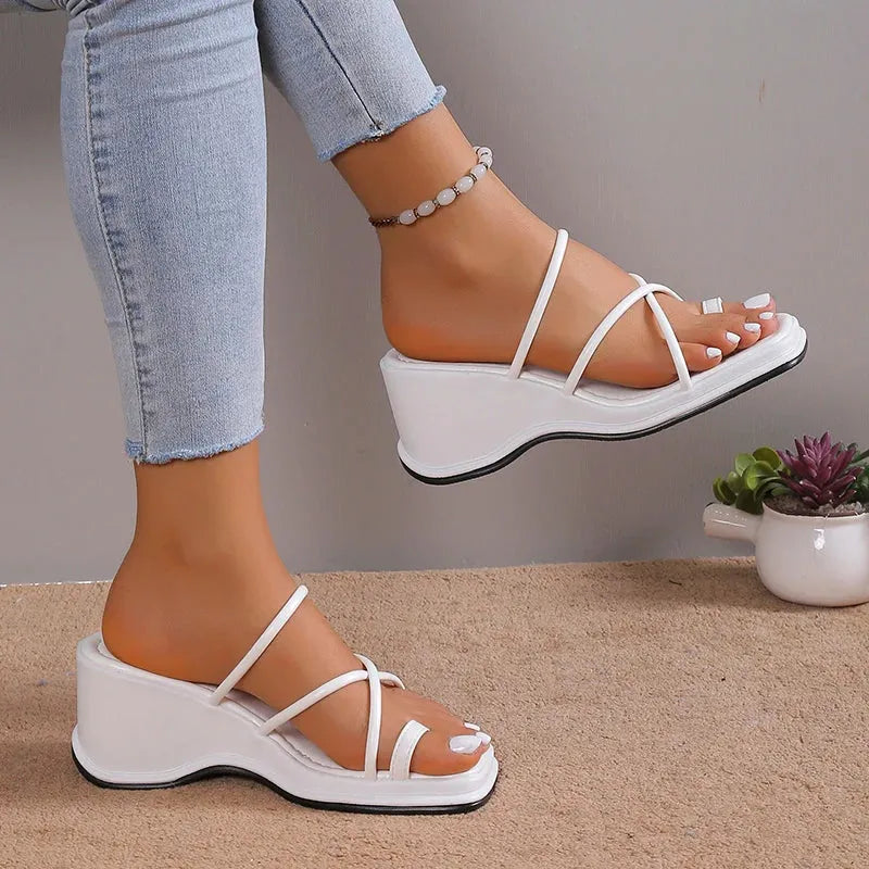 Women's White Wedge Sandals Summer Ring Toe Cross Strap Gladiator Sandals Woman Non Slip Platform Beach Slippers - Shop & Buy