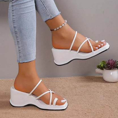 Women's White Wedge Sandals Summer Ring Toe Cross Strap Gladiator Sandals Woman Non Slip Platform Beach Slippers - Shop & Buy