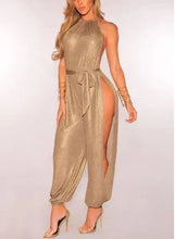 Load image into Gallery viewer, Sexy New Slit Wide Leg Harem Jumpsuits Rompers Women Gold Lace up Sleeveless Jumpsuits Overalls Clubwear
