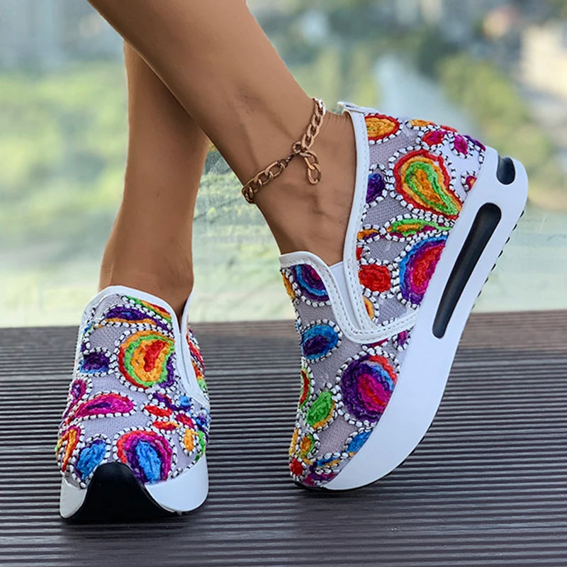 Rainbow Embroidered Platform Loafers for Women Summer Breathable Mesh Sneakers Woman Plus Size Lightweight Slip On Casual Shoes