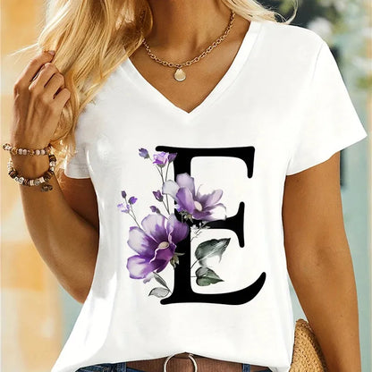 Women's Clothing A-Z 26 Alphabet Flower Premium Summer T-shirt - Shop & Buy