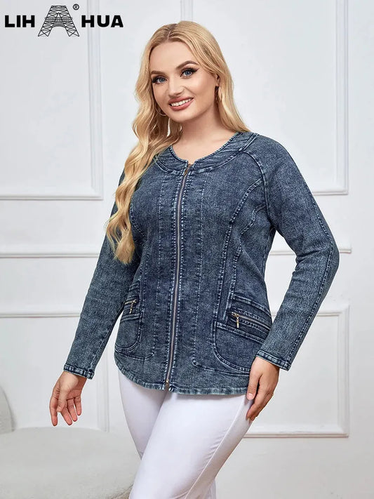 Women's Plus Size Denim Jacket Autumn Chic Elegant Jacket For Chubby Women Cotton Woven Jacket - Shop & Buy