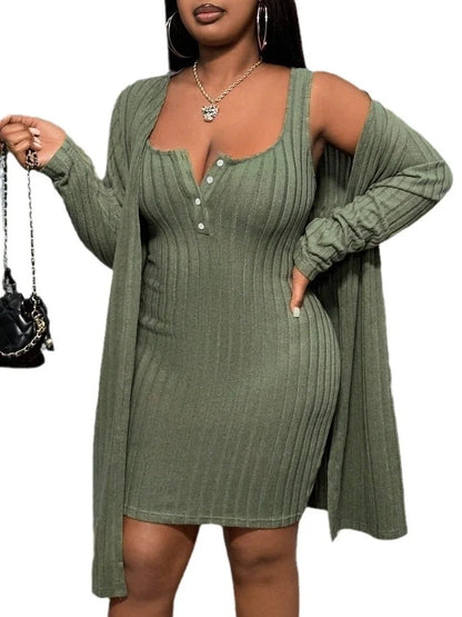 Women Two Piece Grey Green Women's Versatile Elegant Fashion Set Cloak Dress 2 Piece Set