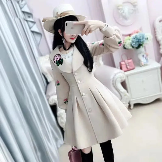 Women's Woolen Coat Autumn Winter New Lantern Sleeves Long Sleeved Mid Length Jacket - Shop & Buy