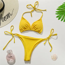 Load image into Gallery viewer, New Sexy Ribbed Halter Thong Bikini Female Swimsuit Women Swimwear Two-pieces Bikini set Padded Bather Bathing Suit
