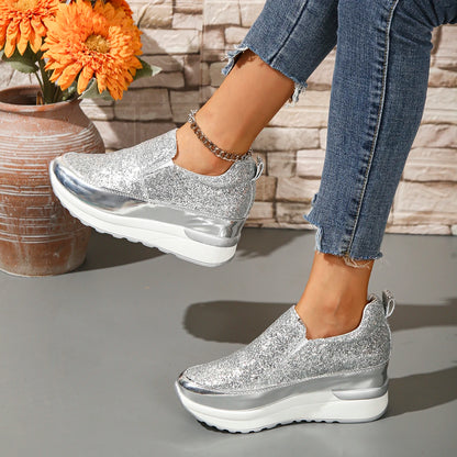 Fashion Glitter Platform Sneakers Women Casual Thick Bottom Slip On Walking Shoes Woman Anti Slip Silver Sports Shoes Plus Size