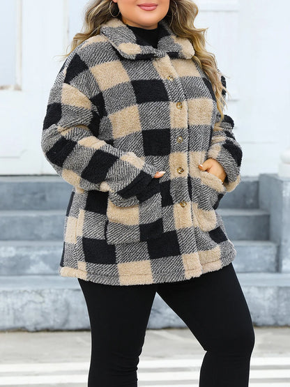 Women Winter Coat Stylish Long Sleeve Plaid Coat with Button Closure Fashionable Casual Jacket for Warm Outwear