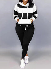 Load image into Gallery viewer, Plus Size Striped Drawstring Tracksuit Set Autumn Women Hoodie Pants Set
