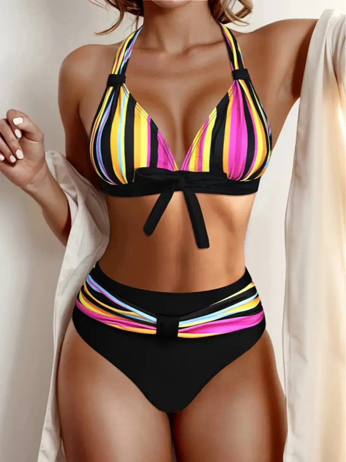 Women's Sexy Colorful Striped Printed Bikini High Waist V-neck Triangle Bra Halter Backless 2-piece Swimsuit - Shop & Buy