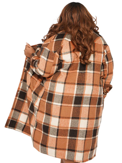 Women Oversized Plaid Blouse with Lapel Collar Long Sleeves Button Closure and Pockets - Stylish and Comfortable