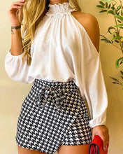 Load image into Gallery viewer, Women Frill Hem Shirred Neck Cold Shoulder Top &amp; Houndstooth Wrap Tie Front Shorts Set
