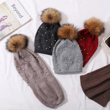 Load image into Gallery viewer, Decorate Pearl Women Beanie Knitted Wool Hats Fashion Natural Raccoon Fur Pompom Hat Autumn Winter Warm Casual Ladies Cap
