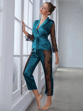 Load image into Gallery viewer, Women&#39;s Satin Pajamas Set Gorgeous Sleeve Top with Pant Contrast Lace Lounge Wear
