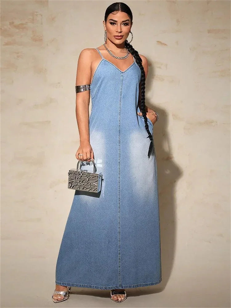 Plus Size Denim Dresses for Women Summer Slip Short Sleeve Casual Loose V Neck Maxi Dress