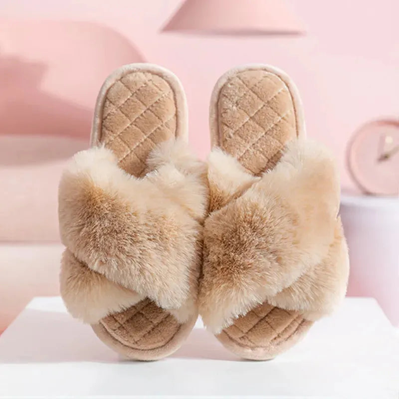 Women's Cross Band White Fur Slippers Winter Warm Plush Soft House Slippers for Women - Shop & Buy