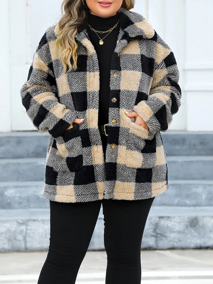 Women Winter Coat Stylish Long Sleeve Plaid Coat with Button Closure Fashionable Casual Jacket for Warm Outwear