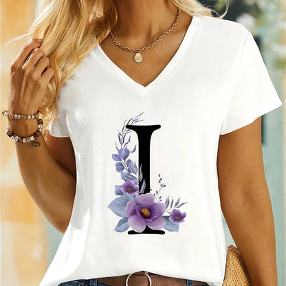 Women's Clothing A-Z 26 Alphabet Flower Premium Summer T-shirt - Shop & Buy