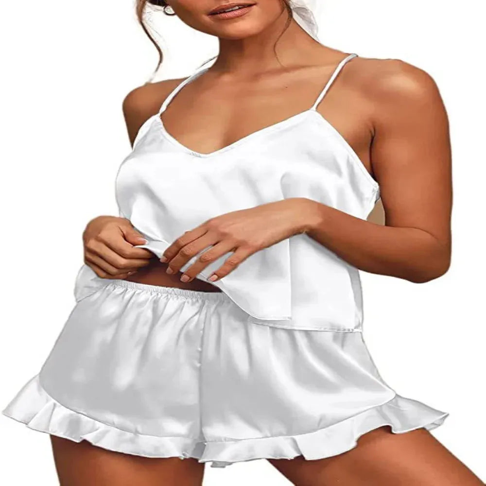 Women's Sexy Silk Satin Ruffled Pajamas Sets Shorts Sets Sleepwear Satin Pajamas - Shop & Buy