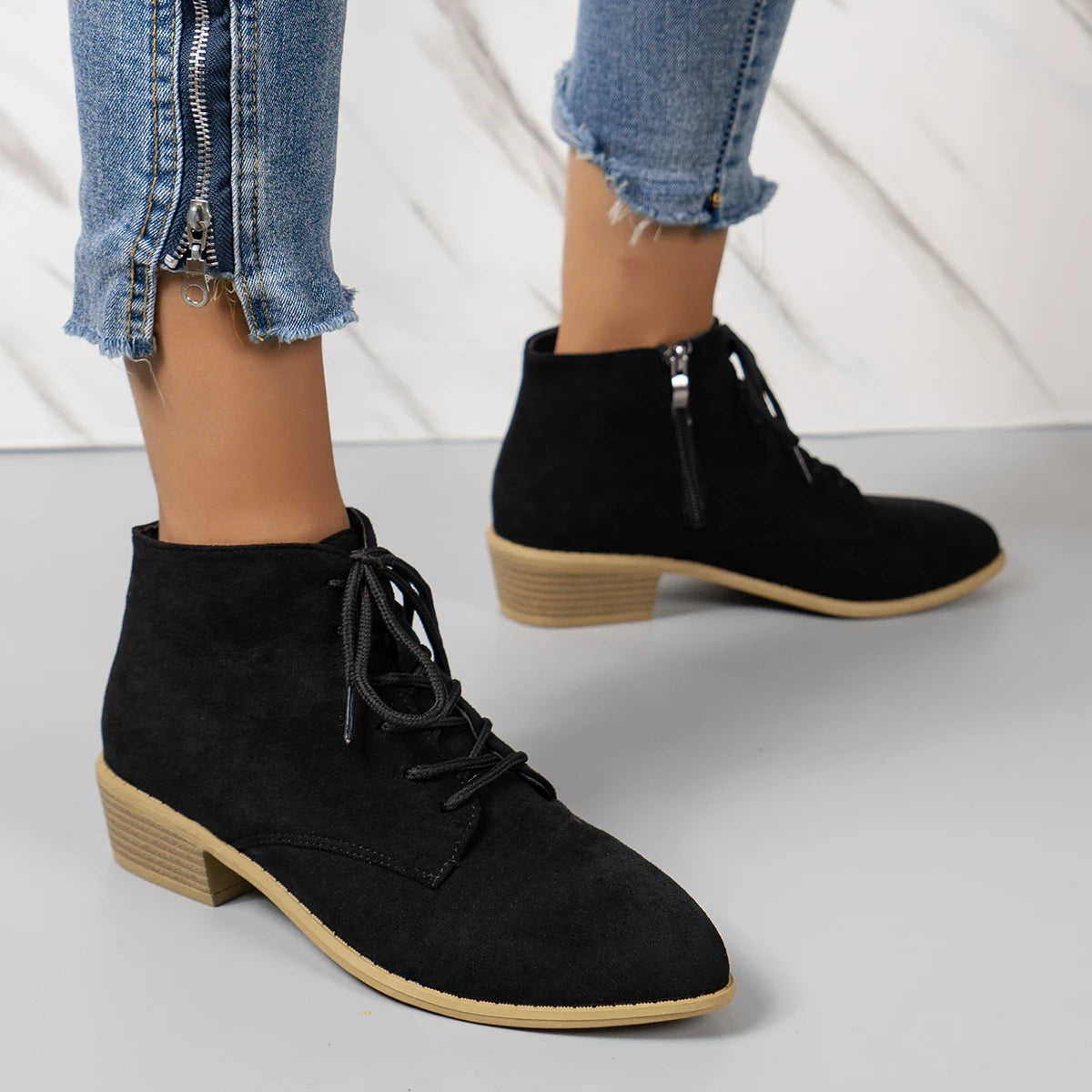 Women's Autumn Block Heeled Short Boots Fashion Zip Lace Up Faux Suede Ankle Boots - Shop & Buy