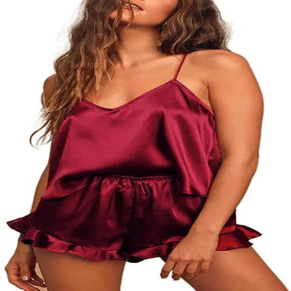 Women's Sexy Silk Satin Ruffled Pajamas Sets Shorts Sets Sleepwear Satin Pajamas - Shop & Buy