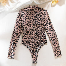 Load image into Gallery viewer, Streetwear Leopard Sheath Bodysuits Women Fashion Long Sleeves Open Crotch Slim Mesh Transparent Sexy Playsuits
