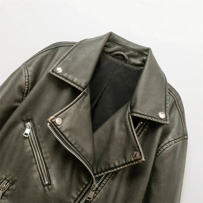 Women's Imitation Leather Jacket, Motorcycle Style, Versatile Lapel, Distressed Effect, Short Style - Shop & Buy