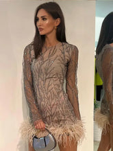 Load image into Gallery viewer, Women Fashion Sequins Feather Hem Mini Dress Elegant O-neck Long Sleeve Perspective Dresses
