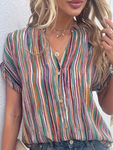 Load image into Gallery viewer, Plus Size Casual Blouse, Women&#39;s Plus Stripe Print Button Decor Short Sleeve Notched Neck Blouse
