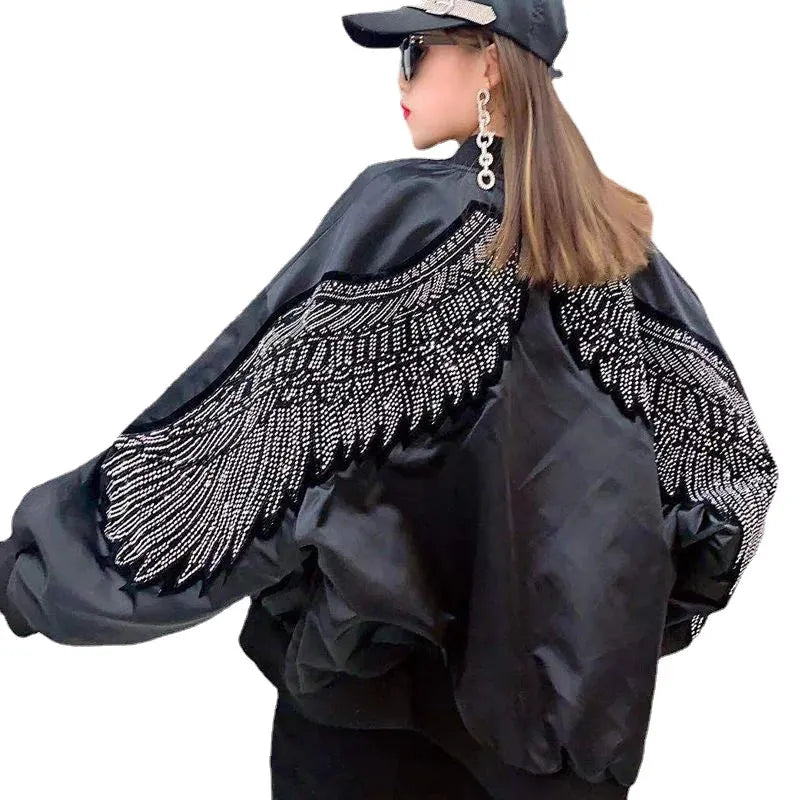 Women's Jacket Spring Autumn Loose Wings Hot Diamond Coat Black Hoodie Women Clothing - Shop & Buy