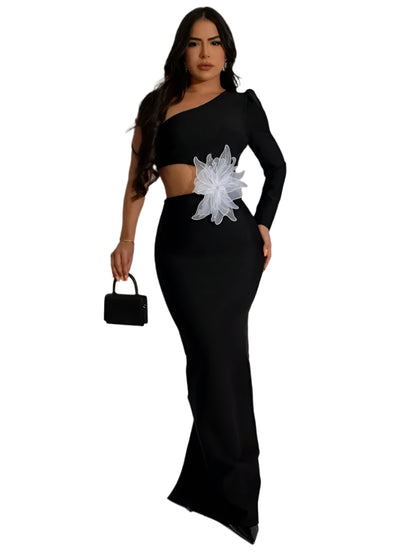 Women Dresses Black Single Shoulder Long Sleeve Sexy Party Fashion Flower Nail Bead Evening Dress