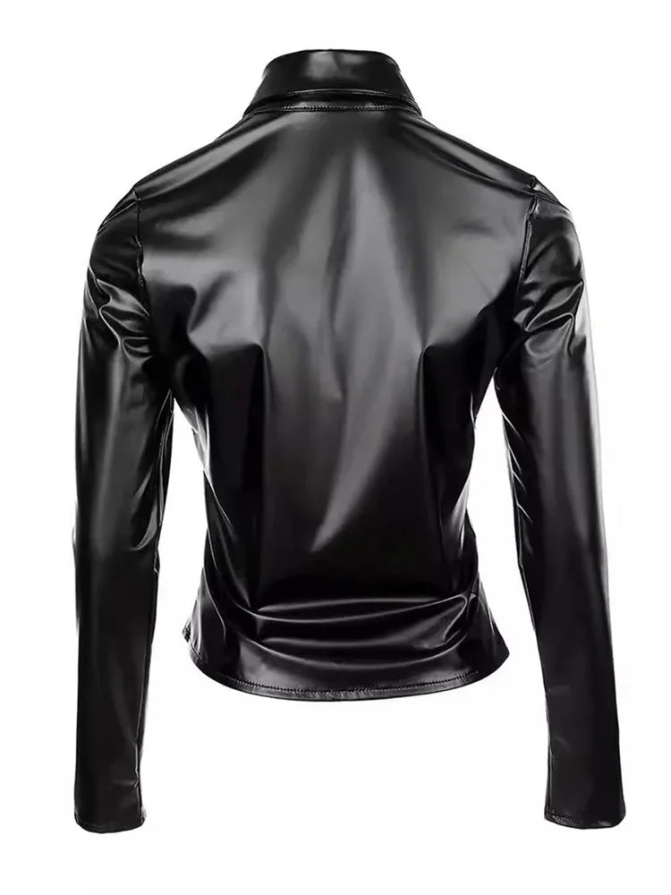 Fashionable Soft Collar Leather Shirt with Waist Cinching Long Sleeved Leather Top