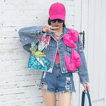 Load image into Gallery viewer, New Women Coat Cartoon Sticker Embroidered Sequin Short Denim Jacket Loose Bowknot Top
