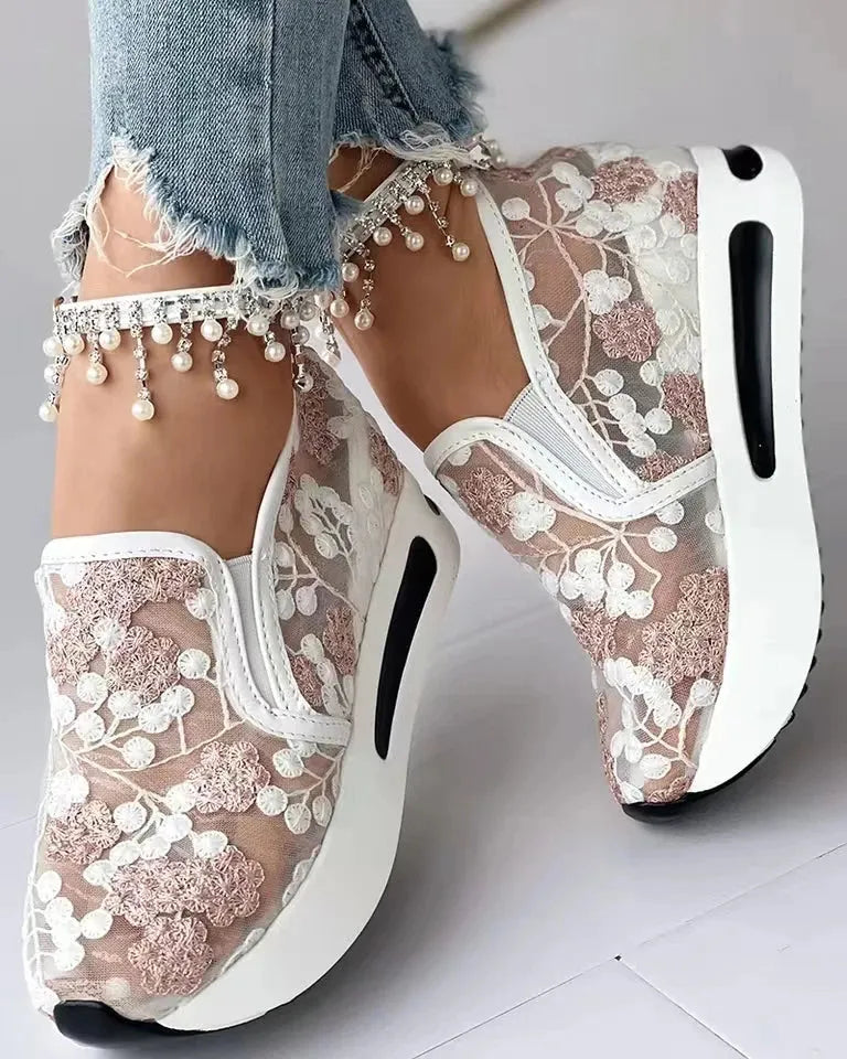 Women's Sneakers Floral Embroidery Mesh Sneakers for Women Slip on Casual Comfy Heeled Shoes - Shop & Buy