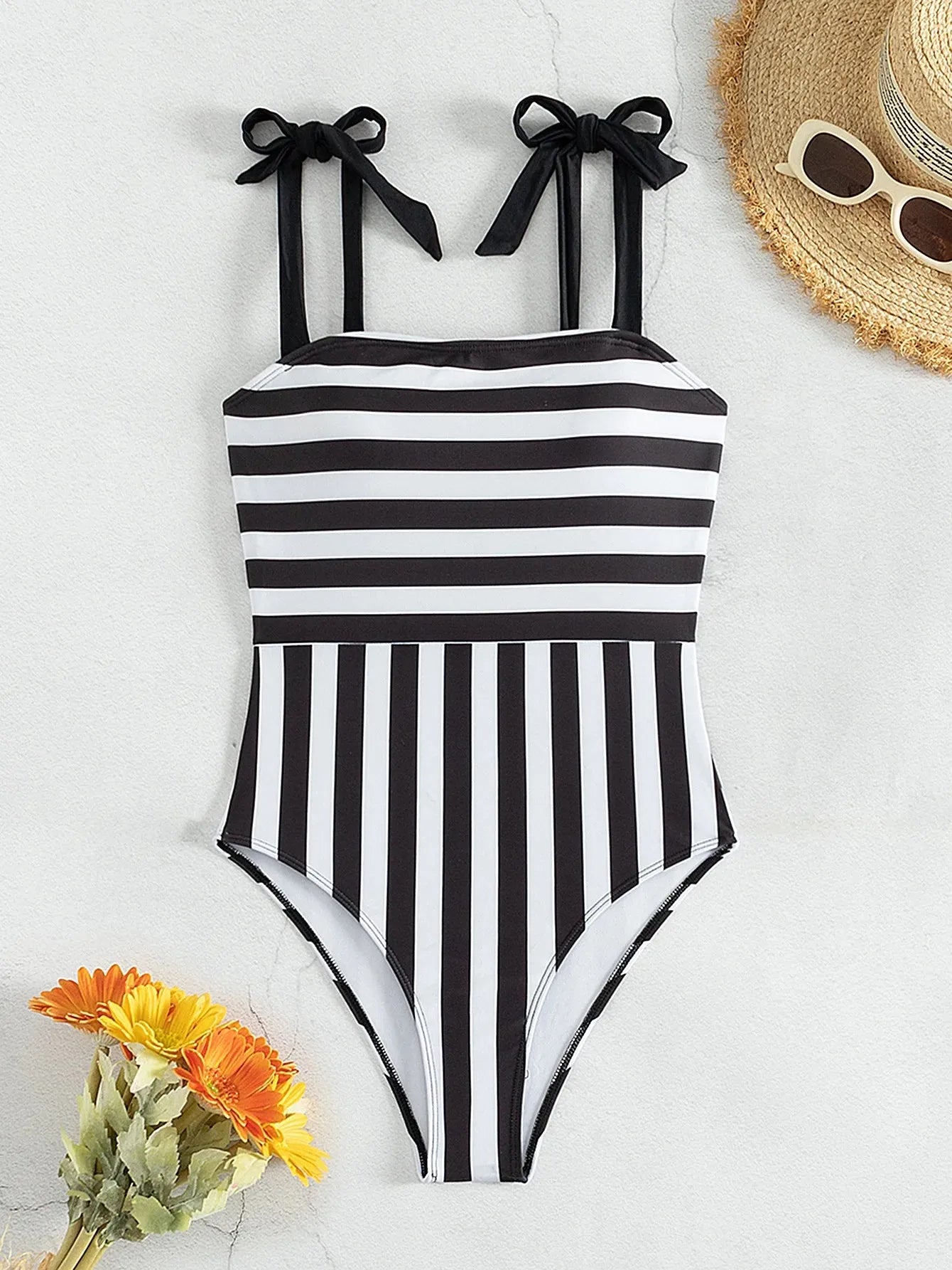 Women's Striped Printed One Piece Swimsuit New Slim Bikini Suspender Lace-up Backless Swimwear - Shop & Buy