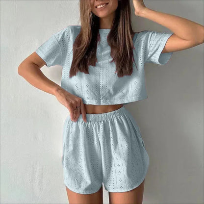 Women's Pajamas Set Spring Long Sleeve Tops With Shorts Sleepwear 2 Piece Set Loose Round Neck Home Wear - Shop & Buy