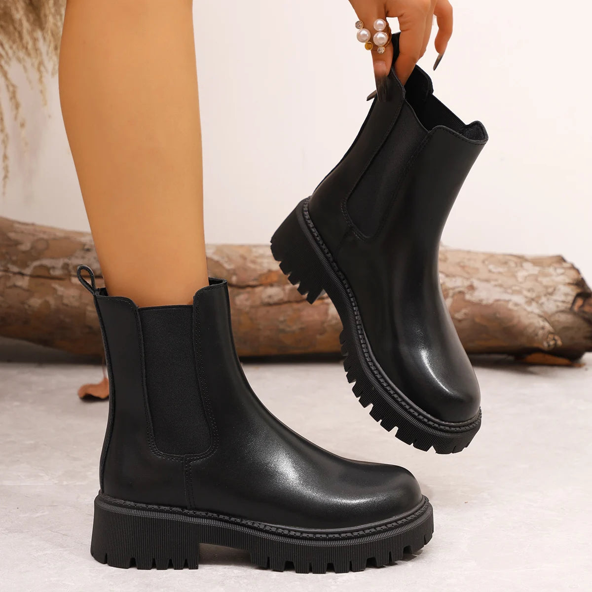 Women's Platform Black Chelsea Boots Fashion Round Toe Elastic Slip On Short Boots - Shop & Buy