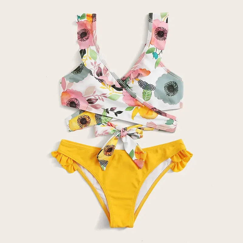 Yellow Flower Print Two Piece Swimsuit Sexy Cross V-neck Suspender Backless Bikini Set Ruffle Beach Vacation Bathing Suit - Shop & Buy