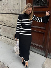 Load image into Gallery viewer, Elegant Stripes Split Long Sleeve Knitted Dress Women Fashion Round Neck Black White Dresses
