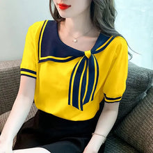 Load image into Gallery viewer, Spring Summer New Fashion Casual Scarf Collar Sweet Knitted T-shirt Female Short Sleeve All-match Pullover Tee
