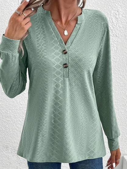 Women's Fashion Texture Solid Color Button V-neck Long sleeved Top - Shop & Buy