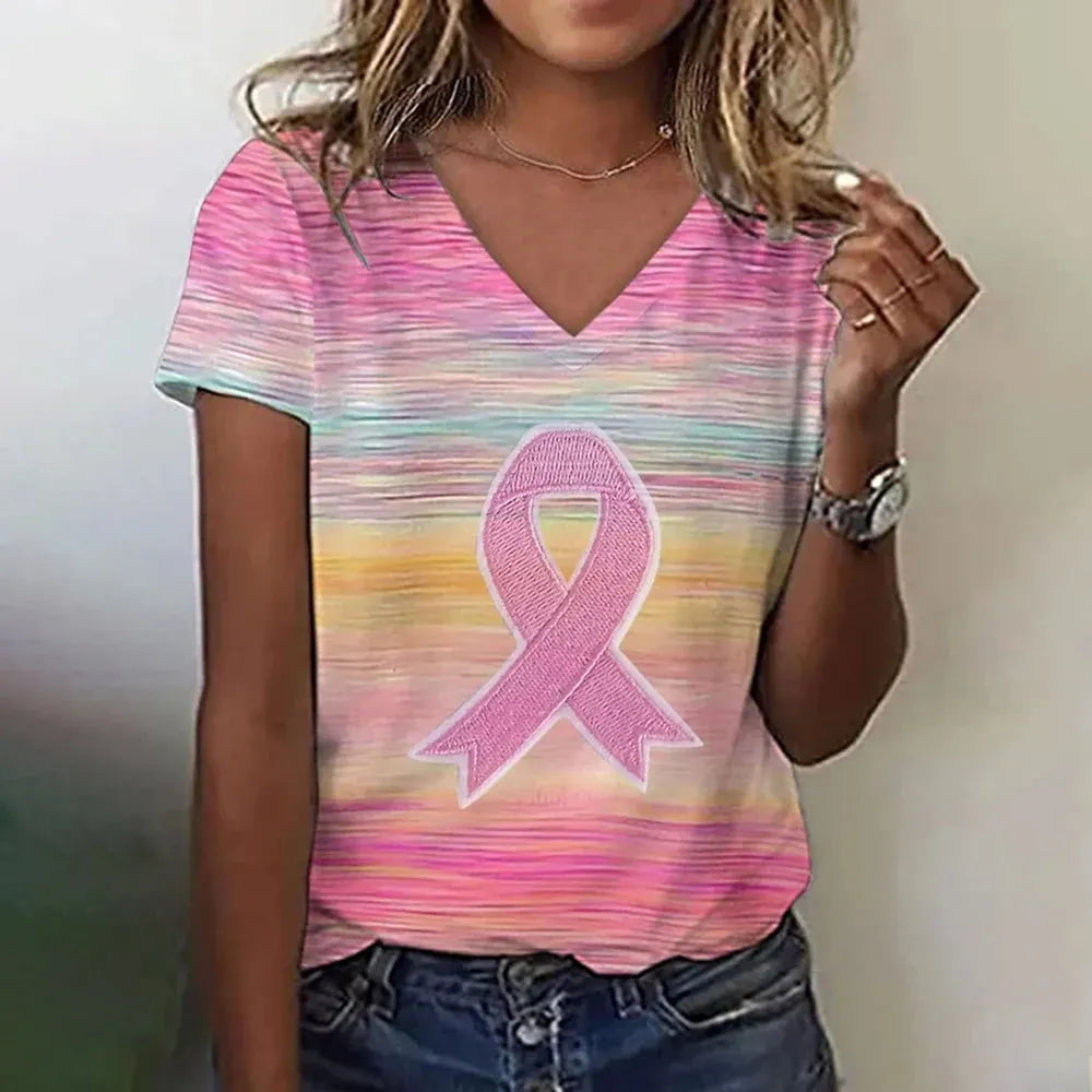 Women's T-Shirt Pink Ribbon Print V-Neck T-Shirt 3d Print Casual Clothing Short Sleeve - Shop & Buy