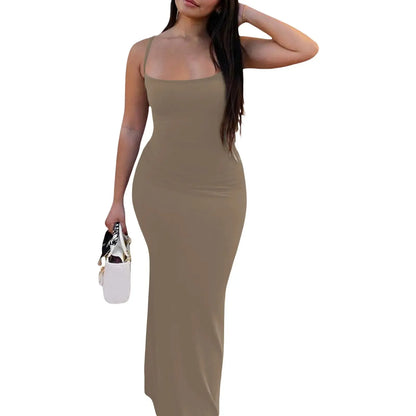 Women's Summer Sexy Party Club Slip Slim Dress Solid Color Spaghetti Strap Low Cut Fishtail Hem - Shop & Buy