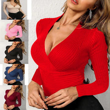 Load image into Gallery viewer, New Sexy Slim Solid V-neck Knitted Long-sleeved T-shirt Top Women&#39;s Wear
