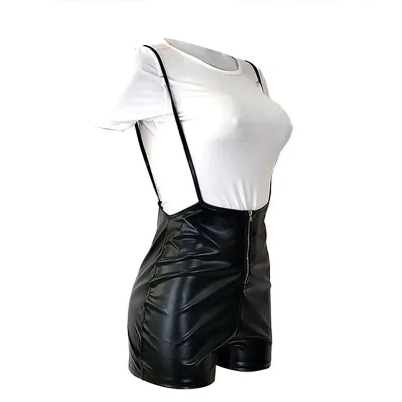 Women Faux Leather Suspenders Rompers Ladies Sexy Stretch PU Bodycon Spaghetti Strap Shorts Playsuits