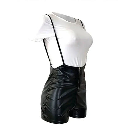 Women Faux Leather Suspenders Rompers Ladies Sexy Stretch PU Bodycon Spaghetti Strap Shorts Playsuits