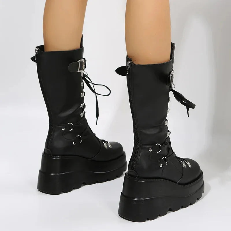 Women's Goth Platform Motorcycle Boots Punk Rivet Buckle Strap Combat Booties for Women Thick Bottom Wedge Heels Mid Calf Boots - Shop & Buy