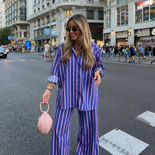 Load image into Gallery viewer, New summer style striped loose stand-up collar shirt high-waisted straight trousers
