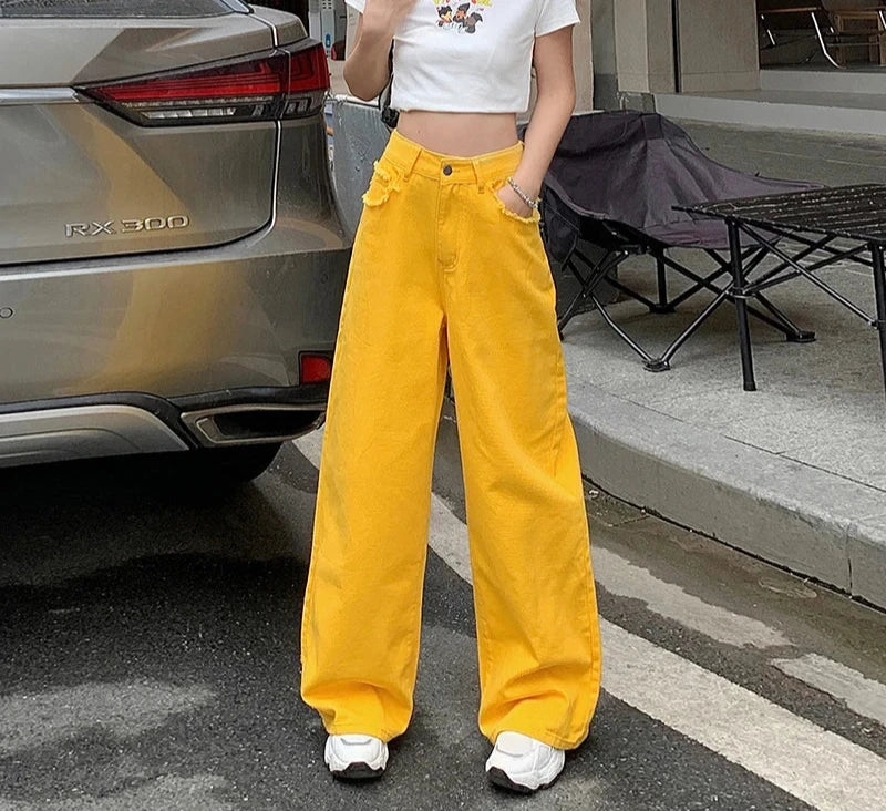 American Street Fashion Y2K Lemon Yellow Casual Jeans Women Summer New Straight Loose Wide Leg Floor Length Denim Pants