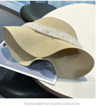 Load image into Gallery viewer, New Flat Top Straw Hat Pearl Decoration Leisure Summer Sunscreen Hat
